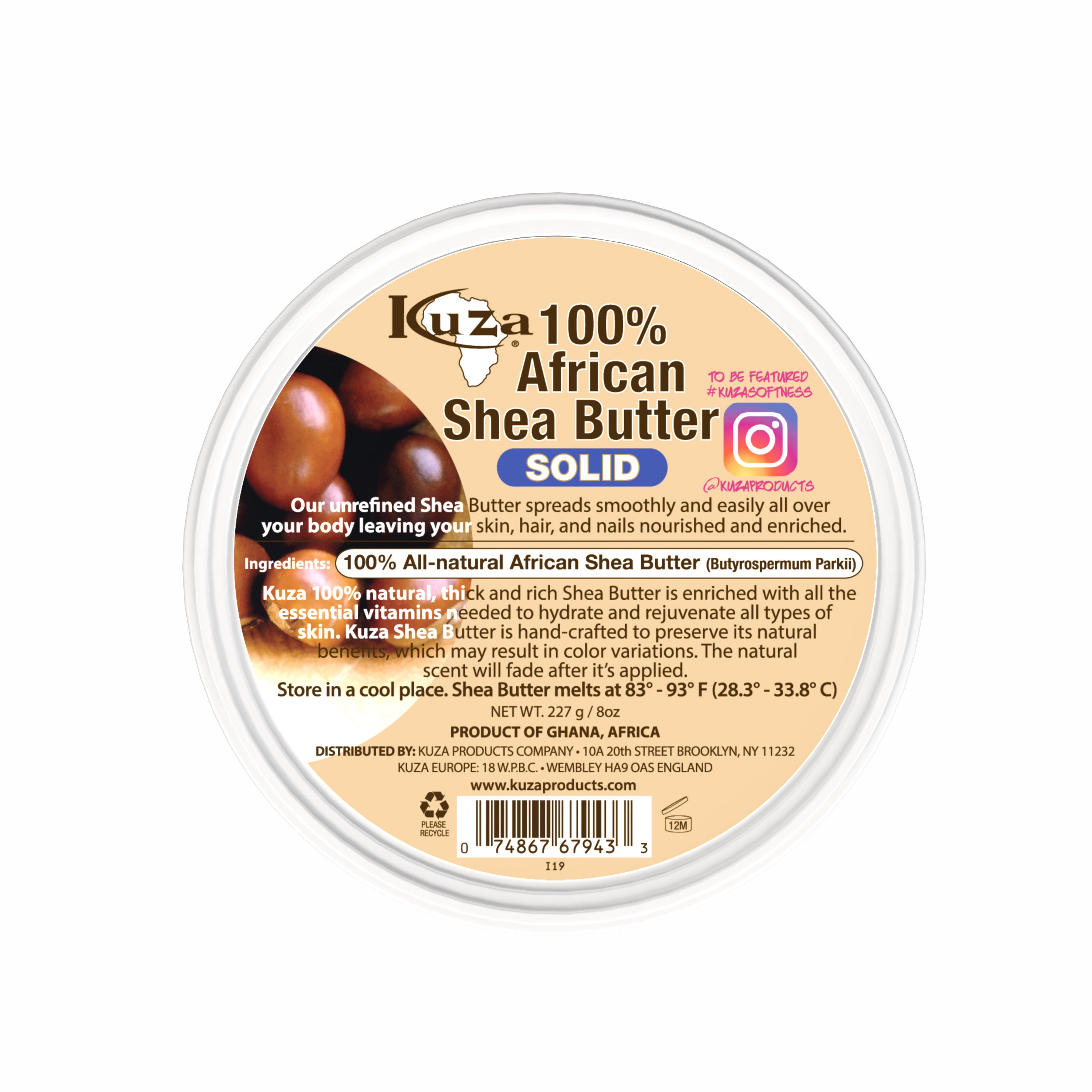 Kuza African Shea Butter burro karitè 8 oz bianco solido